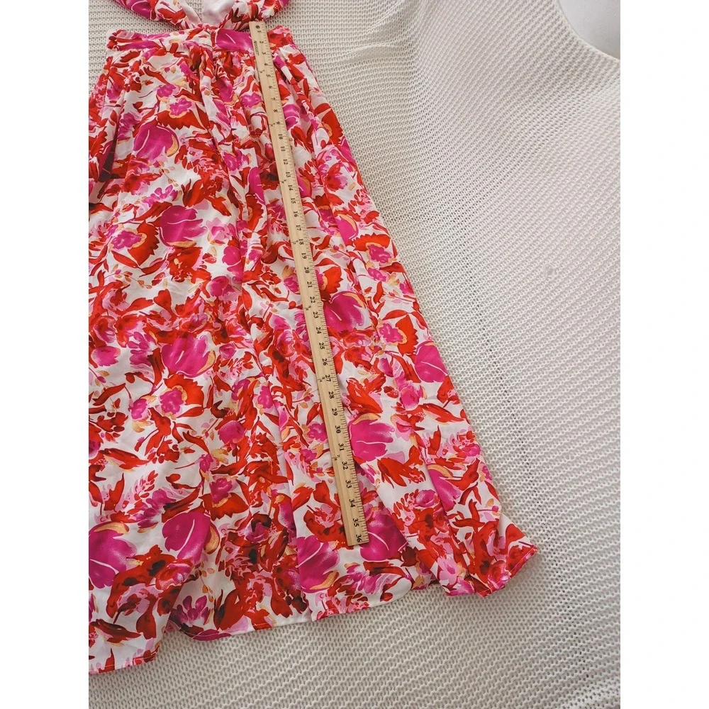 Tropical Floral Halter Maxi‎ Dress Cutout Waist Pink Red Orange Resort W26 S